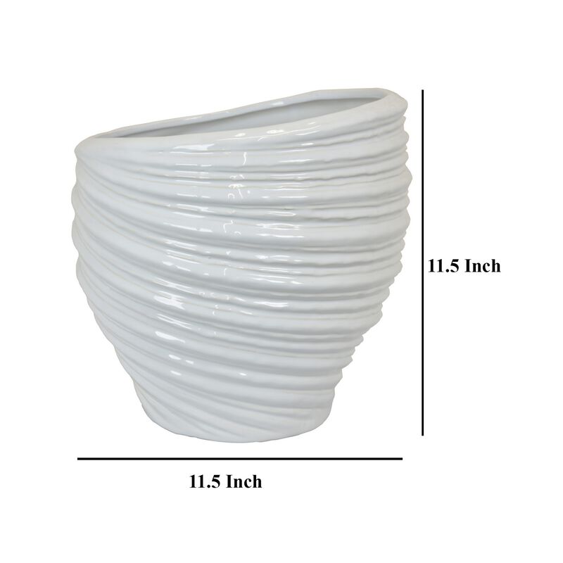 Avery Round Modern Vase, Spiral Turned Design, White Ceramic 17 Inch - Benzara