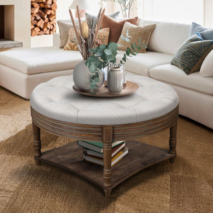 Plozup Large Round Tufted Linen Upholstered Ottoman Coffee Table