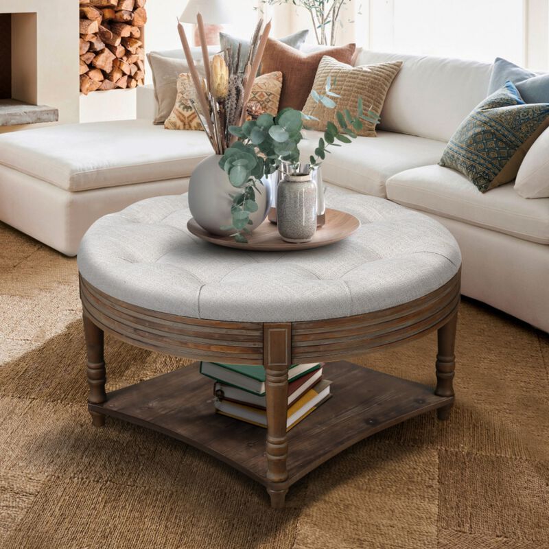 Plozup Large Round Tufted Linen Upholstered Ottoman Coffee Table image number 1