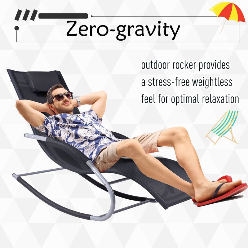 Zero Gravity Rocking Chair Outdoor Chaise Lounge Chair Rocker with Detachable Pillow & Durable Weather-Fighting Fabric for Deck, Black