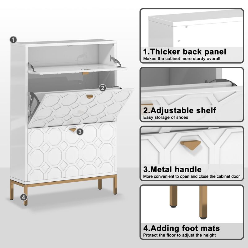 MONDAWE Modern 3-Drawer MDF Shoe Cabinet With Golden Handle (24-Pair)