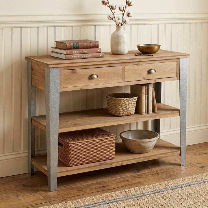 HomeRoots 48" Natural and Gray Wood Console Table With Two Shelves And Two Drawers