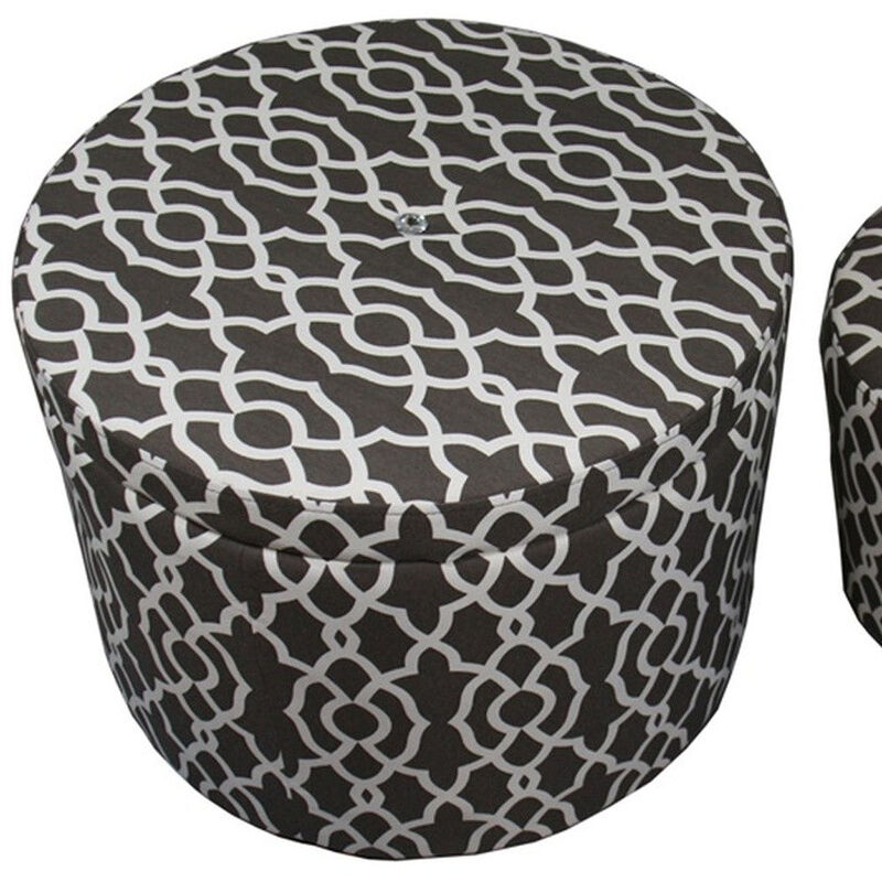 Homezia 23" Black And White Polyester Blend Round Geometric Footstool Ottoman