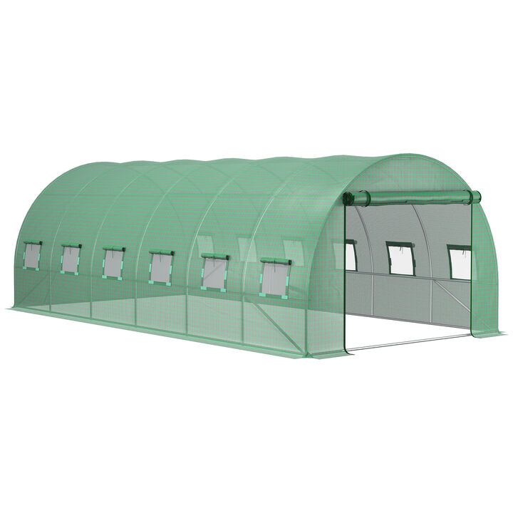 Outsunny 19.7' x 9.8' x 6.6' Plastic Greenhouse Cover Replacement, Heavy Duty Waterproof Tarp for Hoop House, Sheeting with 12 Windows, Door & Reinforcement Grid, Green