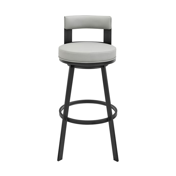 Ami 30 Inch Swivel Barstool Chair, Gray Faux Leather, Black Iron Frame - Benzara
