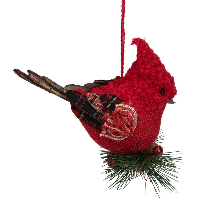 6.5" Red Burlap  Cardinal with Pine Needles and Berries Christmas Ornament
