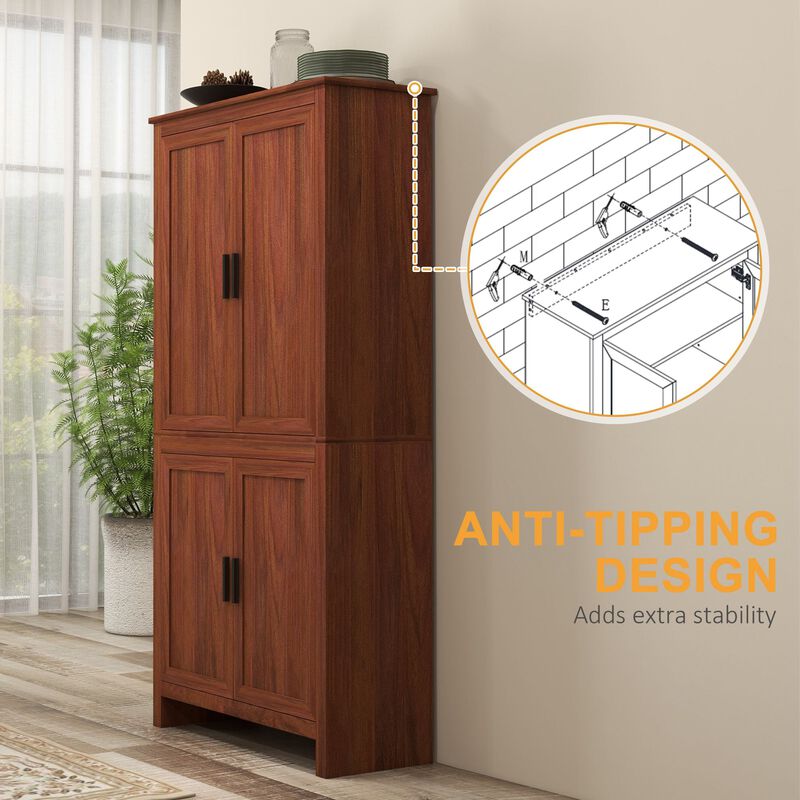 64" 4-Door Kitchen Pantry Storage Cabinet with 3 Adjustable Shelves, for Kitchen, Dining or Living Room, Brown