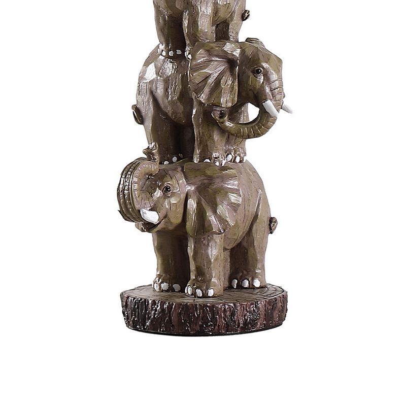21 Inch Accent Table Lamp, 3 Stacked Elephants, Linen Bell Shade Brown Gray - Benzara image number 3