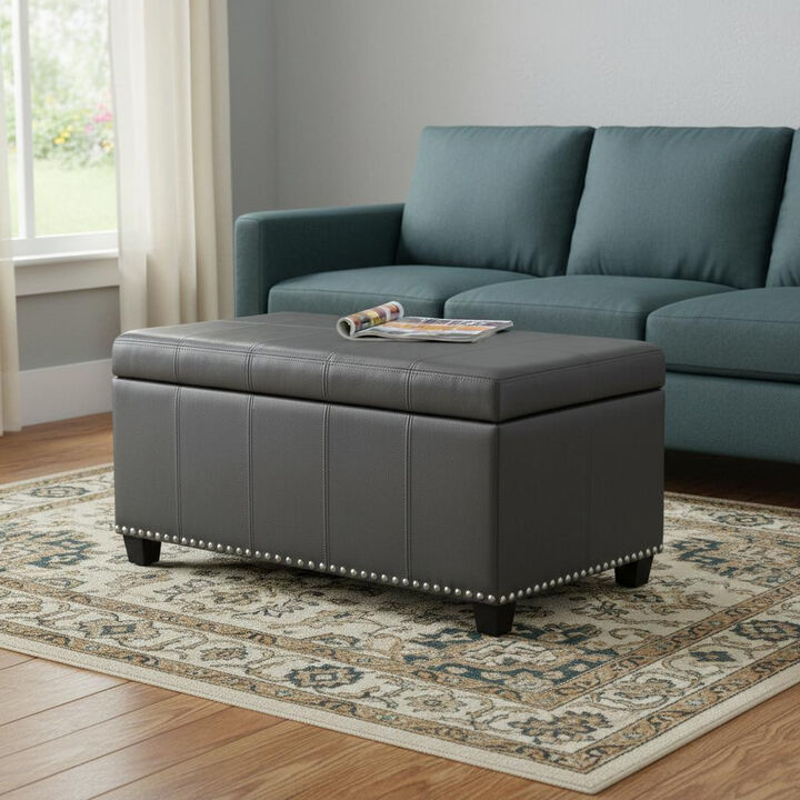 HomeRoots 33" Brown and Espresso Faux Leather and Solid Wood Upholstered Storage Bench With Flip Top