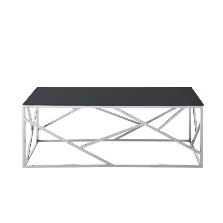 Modern Rectangular Coffee Accent Table with Black Tempered Glass Top and Stainless Steel Frame for Living Room Bedroom - Polished Chrome
