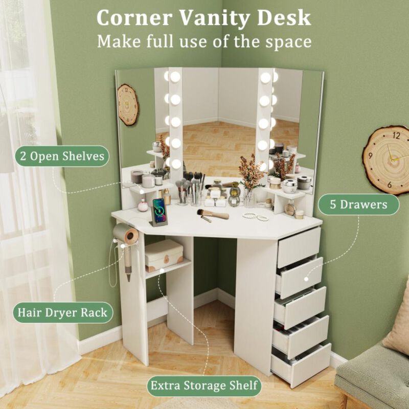 Hivvago Corner Vanity Desk with 3-Color LED Lighted Mirror and Power Outlet