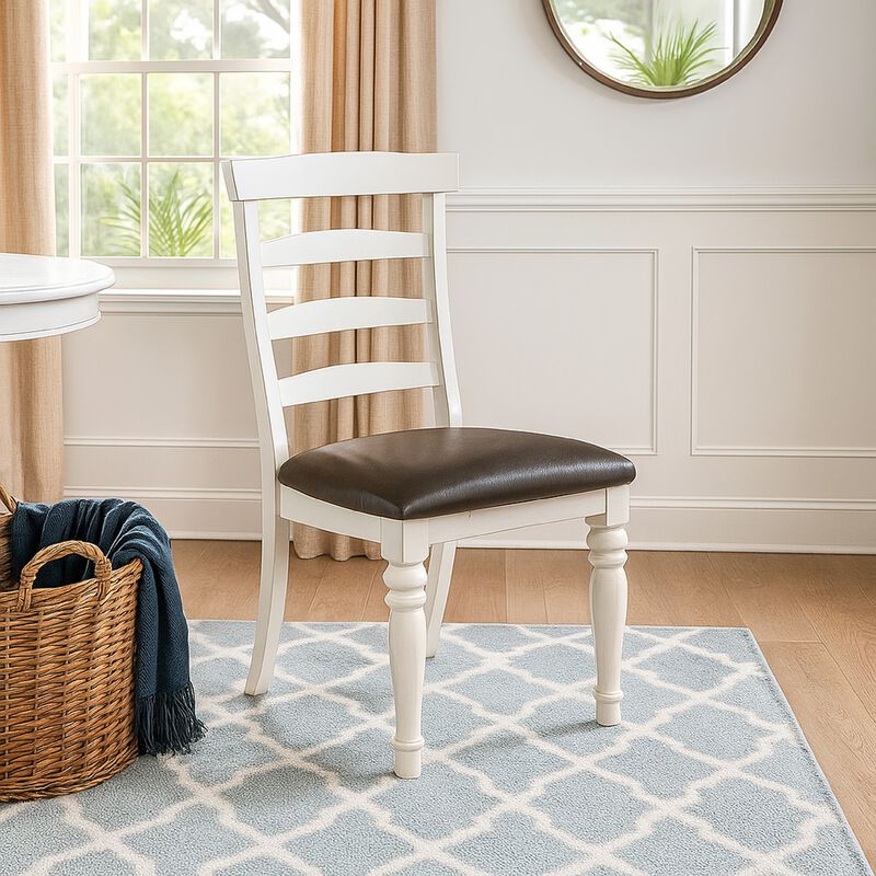 Orso Dining Chair, Set of 2, Ladderback Design, White, Brown Mindi Wood - Benzara