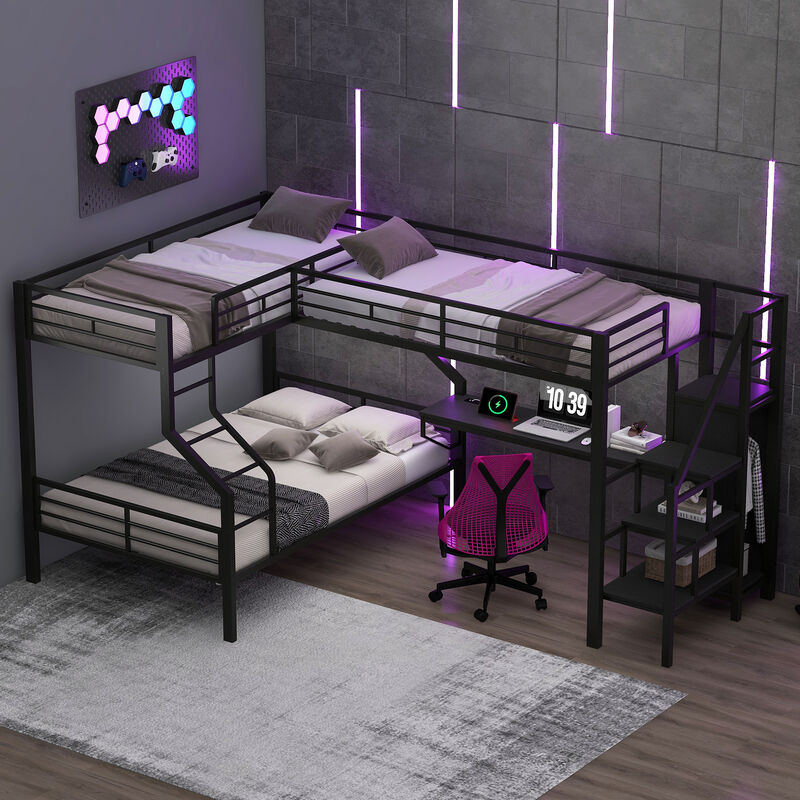 Merax L-Shaped Twin over Full Metal Bunk Bed with Built-in Wardrobe & USB Desk image number 3