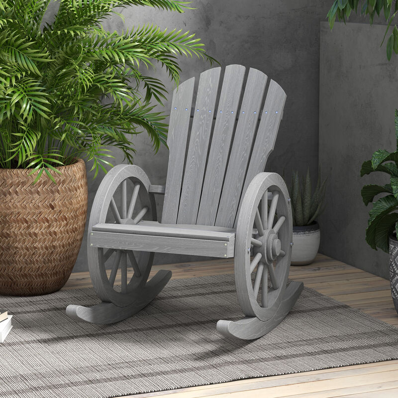 Outsunny Wooden Rocking Chair, Adirondack Rocker Chair w/ Slatted Design and Oversized Back, Outdoor Rocking Chair with Wagon Wheel Armrest for Porch, Poolside, and Garden, Gray