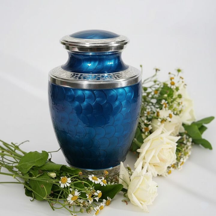 silver-toned accents urn