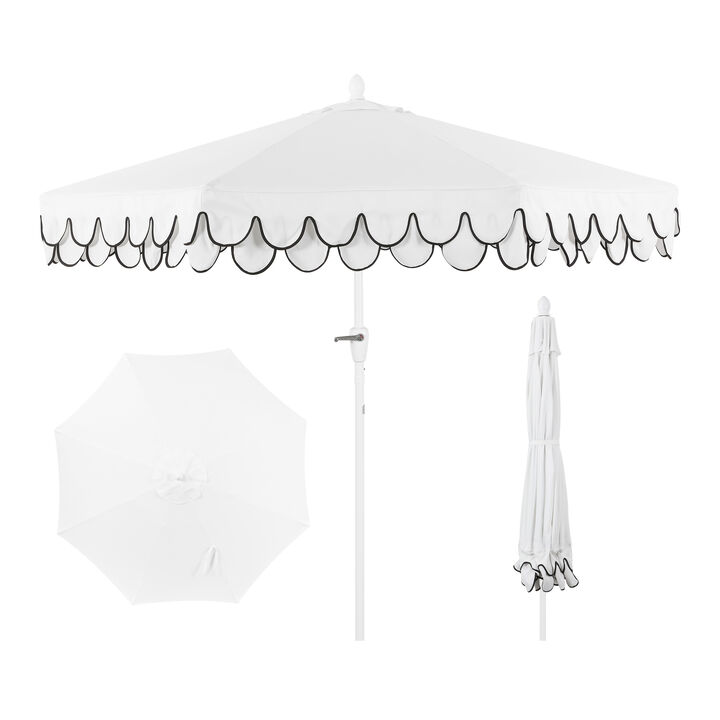 Tracy Classic MidCentury Scalloped Fringe Market Patio Umbrella with Auto-Tilt, Crank, Wind Vent and UV Protection