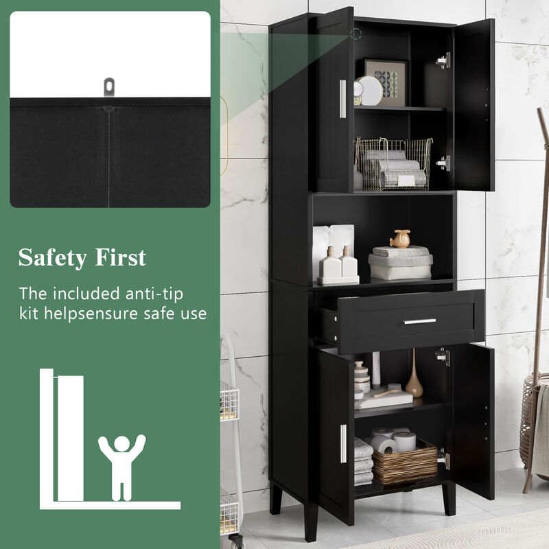 Merax Tall Bathroom Cabinet with a Drawer, 2 Cabinets, 4 Soft-Close Doors, 2 Adjustable Shelves, Open Storage