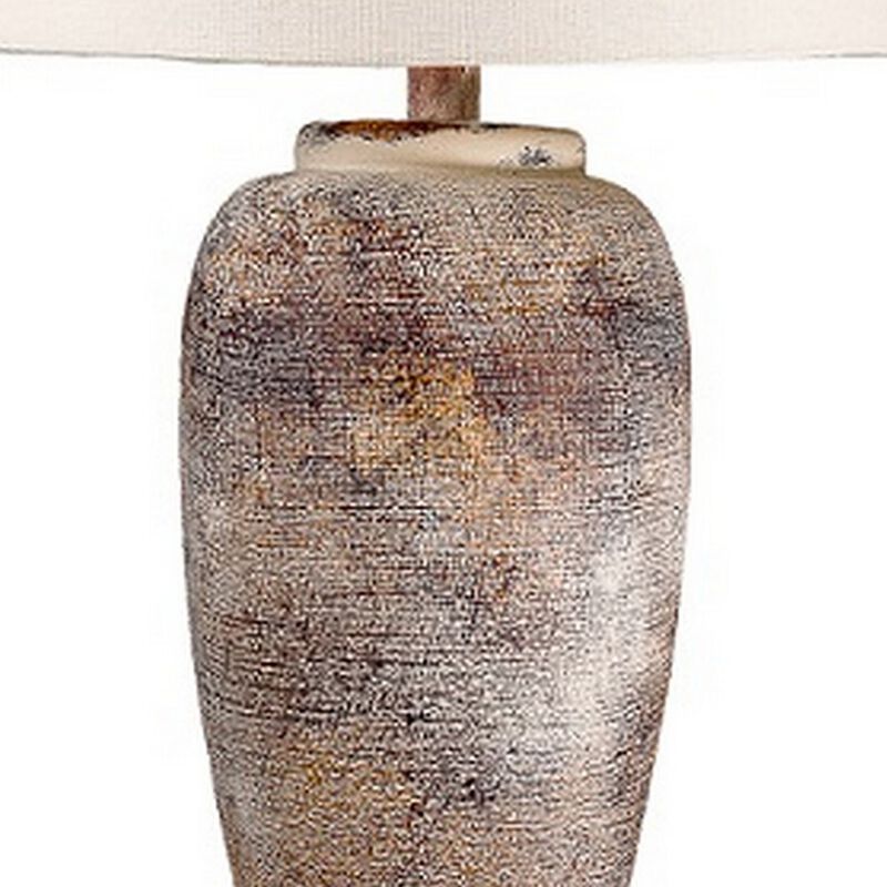 Alin 29 Inch Hydrocal Table Lamp, Drum Shade, Urn Shaped Base, Pink, Brown - Benzara