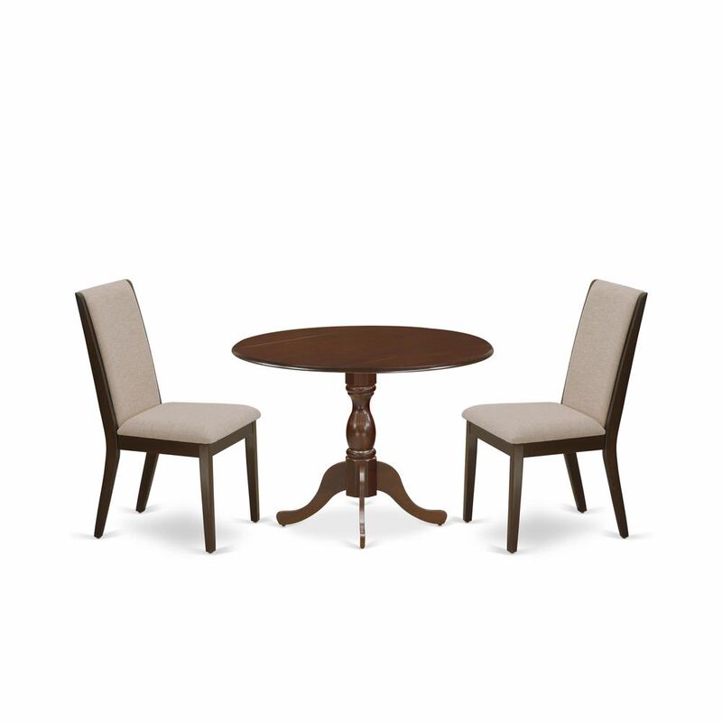 East West Furniture DMLA3-MAH-04 3 Piece Dining Set - Mahogany Breakfast Table and 2 Light Tan Linen Fabric Mid Century Dining Chairs with High Back - Mahogany Finish