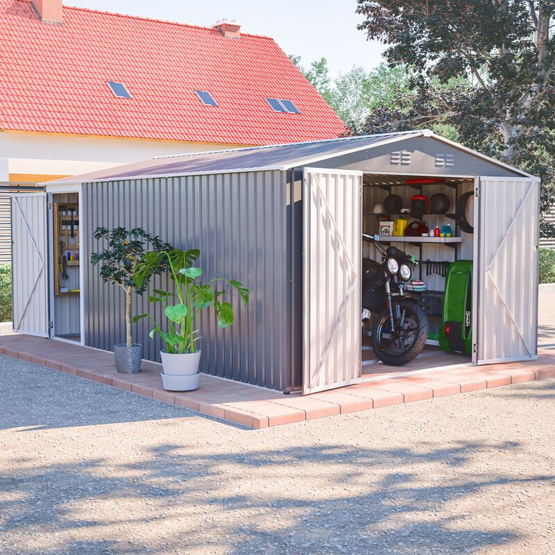 10 x 14 FT Outdoor Metal Storage Shed, Large Garden Shed Tool Shed with 3 Lockable Doors & Side Door, 4 Air Vents image number 1