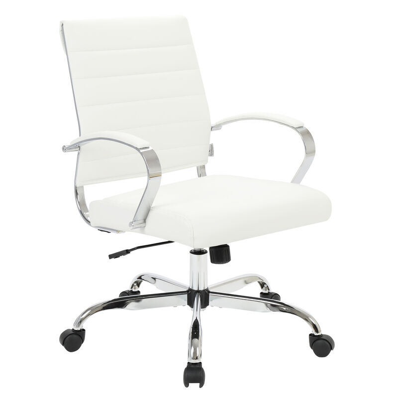 LeisureMod Benmar Mid-Back Office Chair, Leather Upholstery with Swivel, Tilt, and Chrome Base, Modern Desk Seating for Home Office or Conference Room