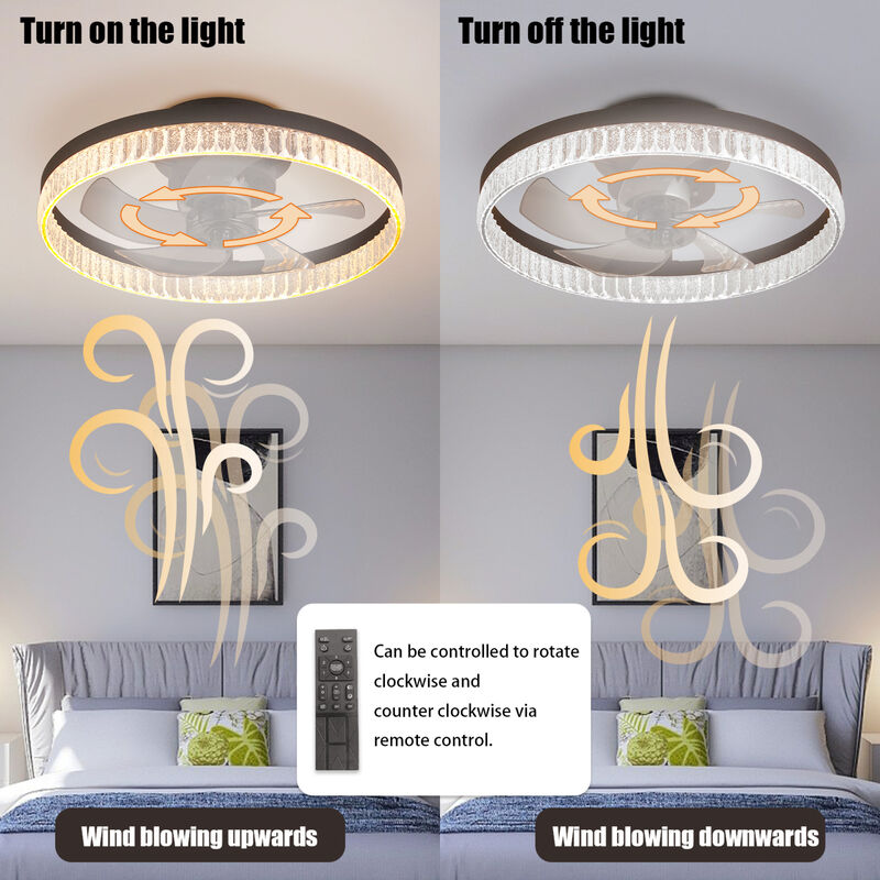 ELEMENT ACE 20-Inch Modern Flush Mount Ceiling Fan with LED Light and Crystal Ring Design for Bedroom and Living Room image number 6