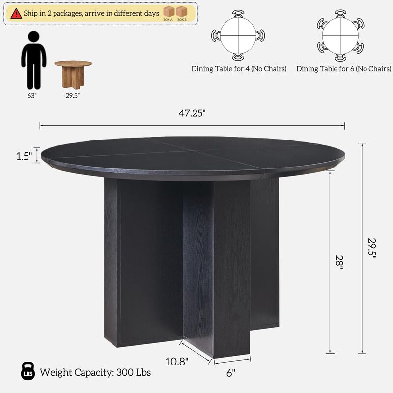 47" Round Dining Table for 4, Pedestal Cross Base, Thick Wood-Look Top image number 1