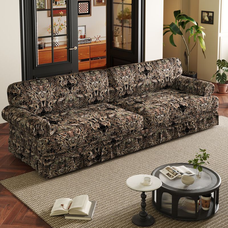 Whisen Mid-Century Sofa, Oxford Fabric Cloud Couch with Elegant Rolled Arms and Pleated Skirt Design