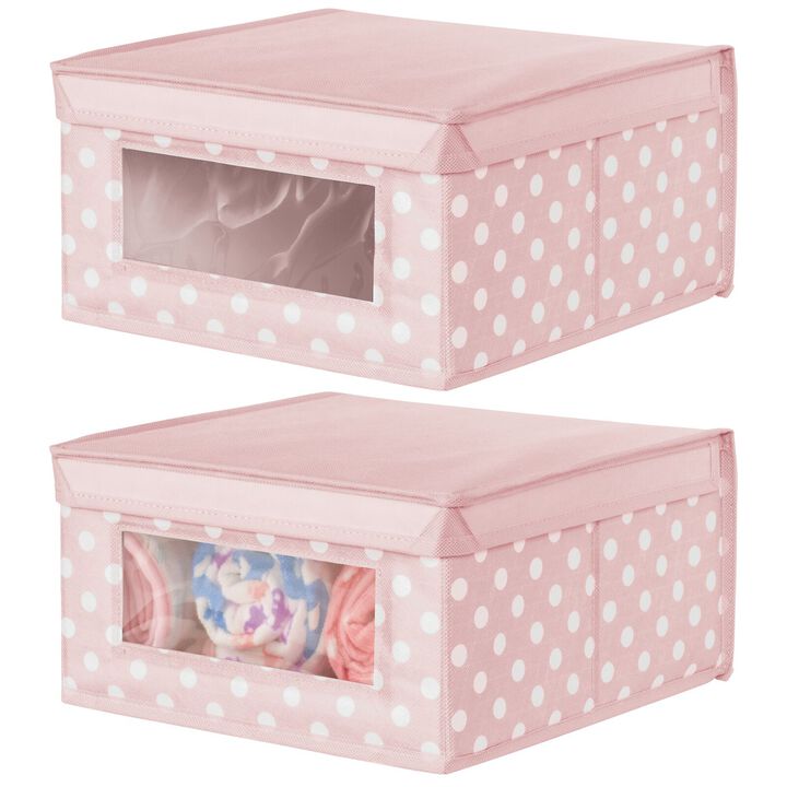 mDesign Medium Fabric Nursery Box with Lid/Window, 2 Pack, Pink/White Polka Dot