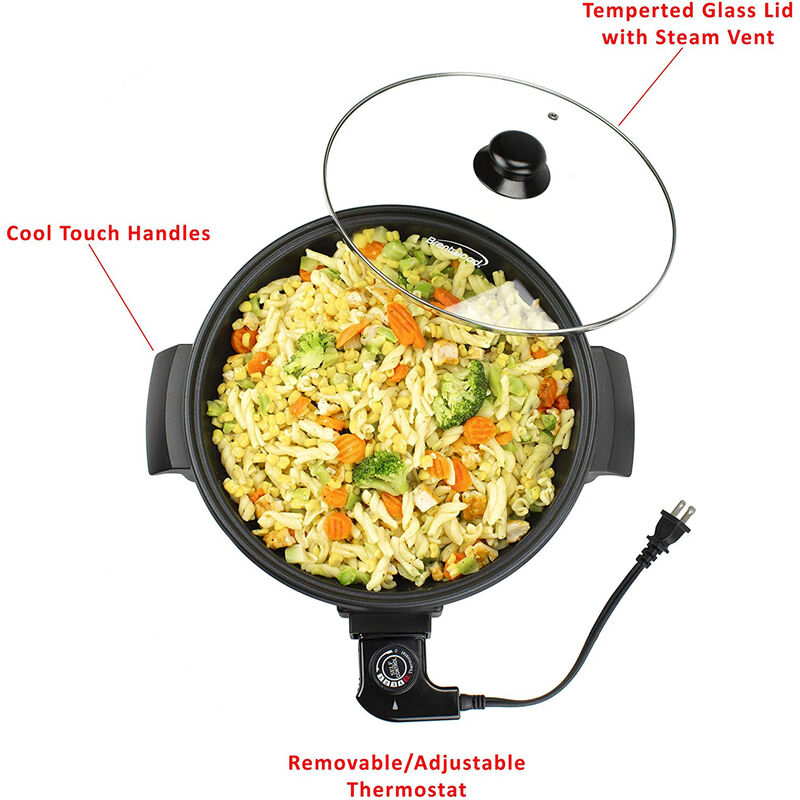 Brentwood 12 inch Round Non-Stick Electric Skillet with Vented Glass Lid in Black