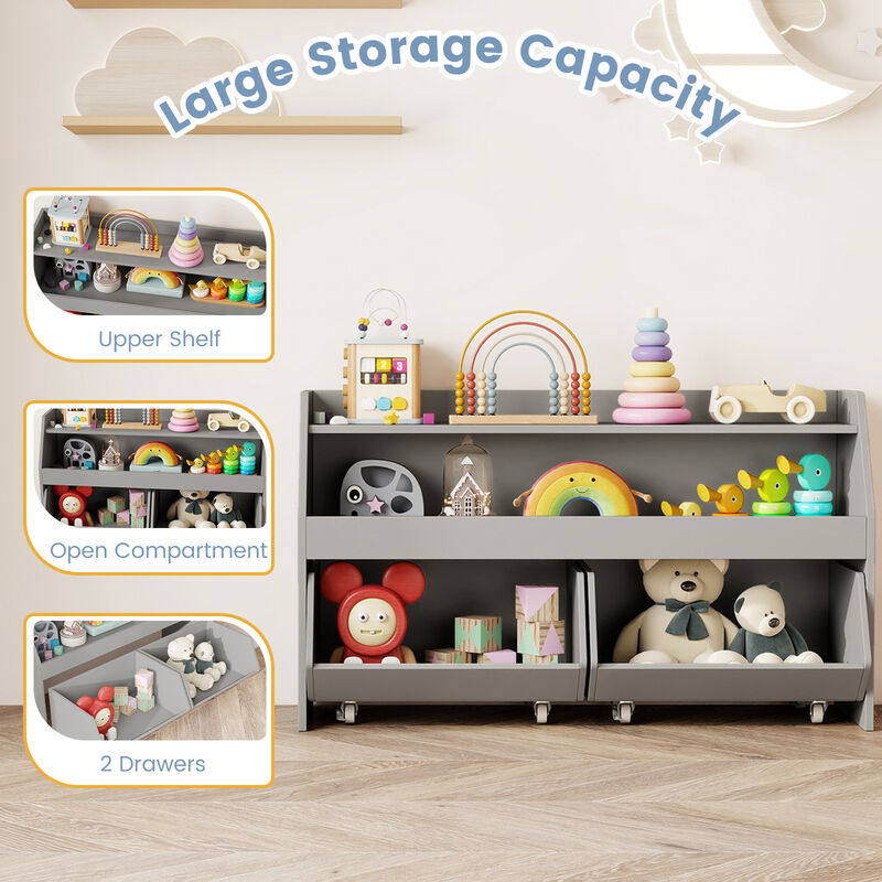 Children Toy Storage Bookcase with 2 Rolling Drawers and Open Shelves image number 5