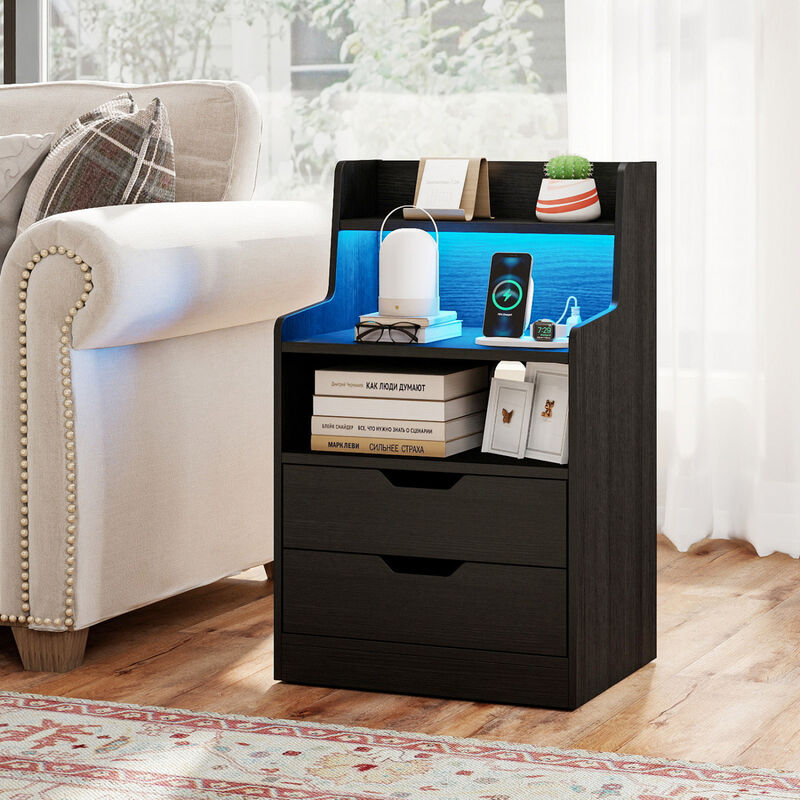 Nightstand End Table with LED Light and Charging Station for Bedroom and Living Room image number 6