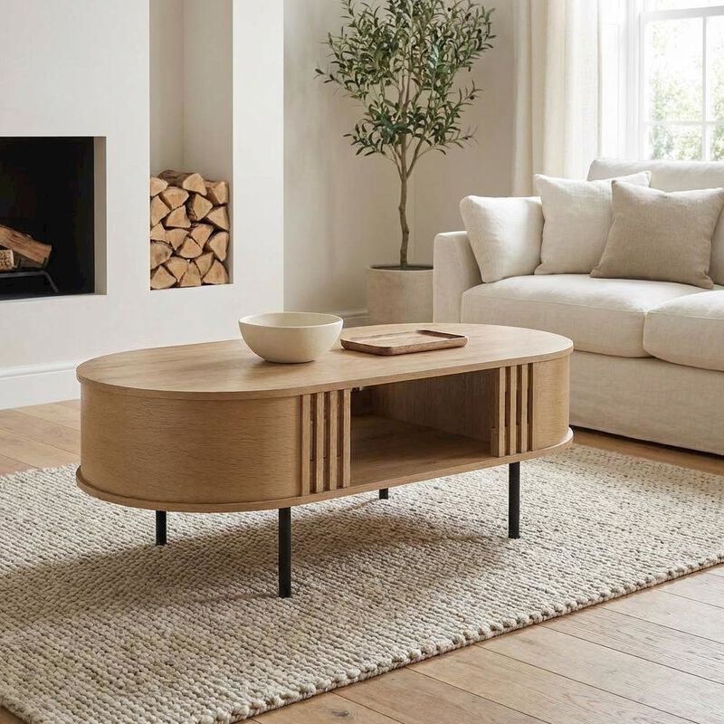Earth-toned Oval Wood Coffee Table with Cam Bolt and Metal Accents, Surface image number 2