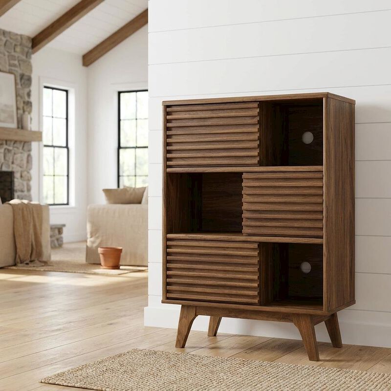 Mid-Century Modern Three-Tier Display Cabinet with Bookshelf Storage, Walnut image number 4