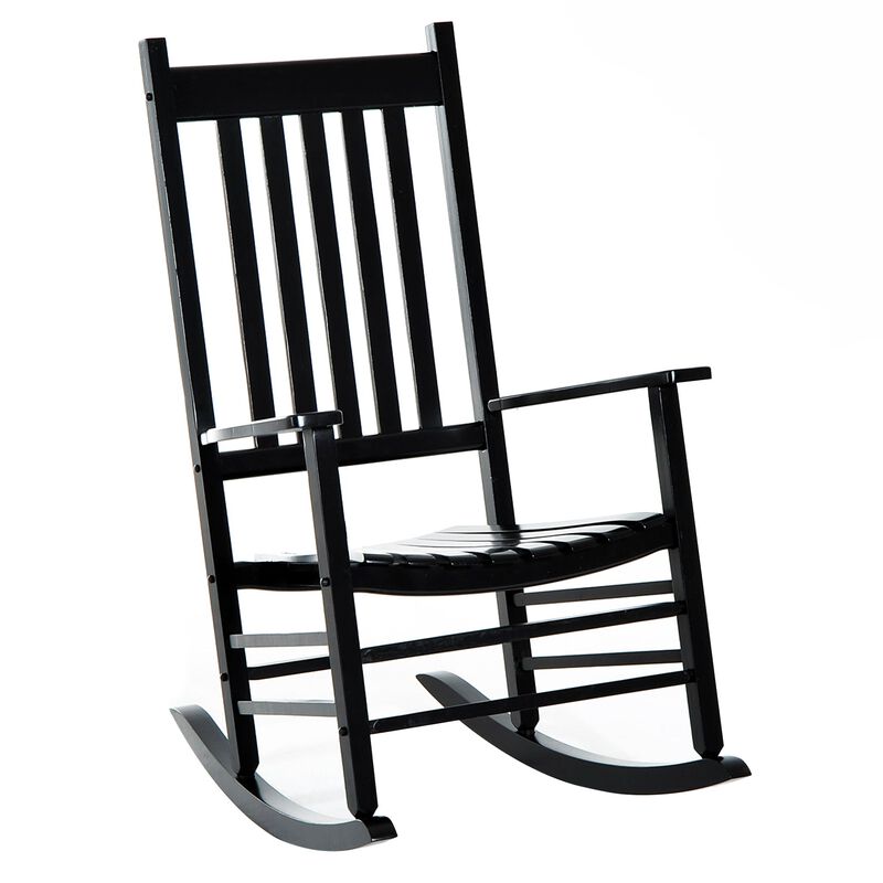 Classic Porch Seating: Black Wooden Slatted Rocking Chairs with Armrests