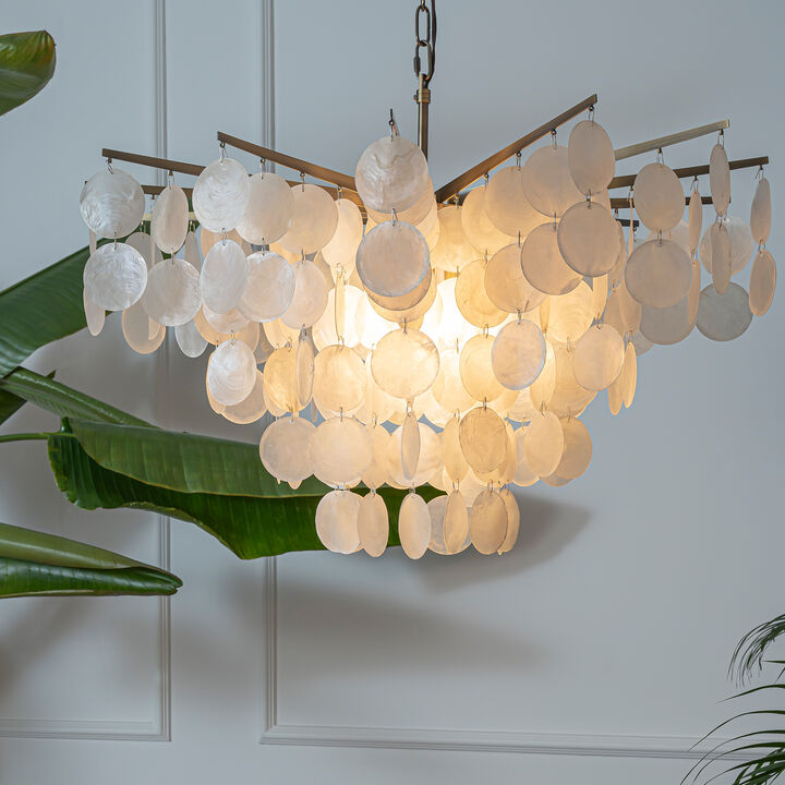 6-Light 29.5" Glam Coastal Capiz Tiered Chandelier With Seashell Accents