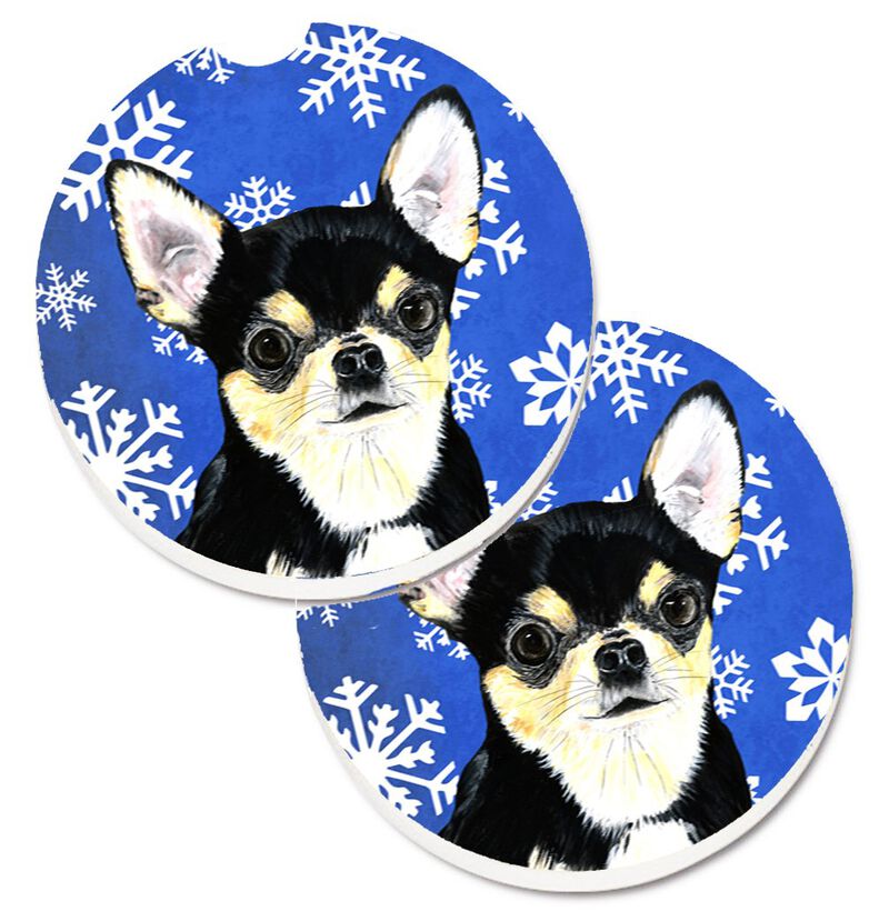 Caroline's Treasures Chihuahua Winter Snowflakes Holiday Set of 2 Cup Holder Car Coasters SC9399CARC, 2.56, Multicolor image number 0