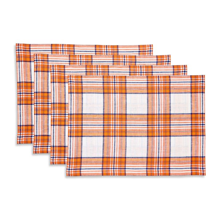 Solino Home 100% Pure Linen Plaid Placemats 14 x 19 Inch Set of 4