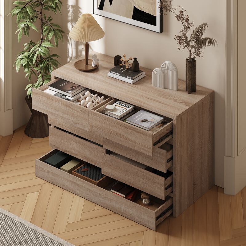 FUFU&GAGA 6-Drawer Dresser with Dark Pull-Out Drawers, MDF Woodgrain Finish, and Bottom Kick Drawer (55.1"W x 23.6"D x 33.5"H), Brown