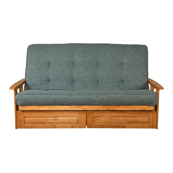 Phoenix Frame Queen-Butternut Finish-Linen Aqua Mattress-Storage Drawers