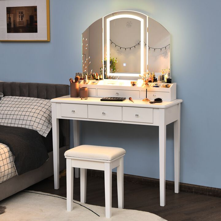 Vanity Table Stool Set with Large Tri-Folding Lighted Mirror for Bedroom or Dressing Area
