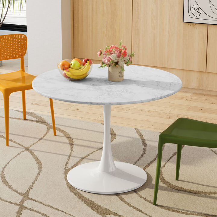 42.12" Modern Round Dining Table with Printed White Marble Tabletop, Metal Base Dining Table, End Table Leisure Coffee Table