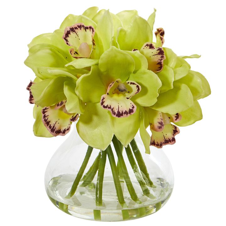 Nearly Natural 8-in Cymbidium Orchid Artificial Arrangement in Glass Vase