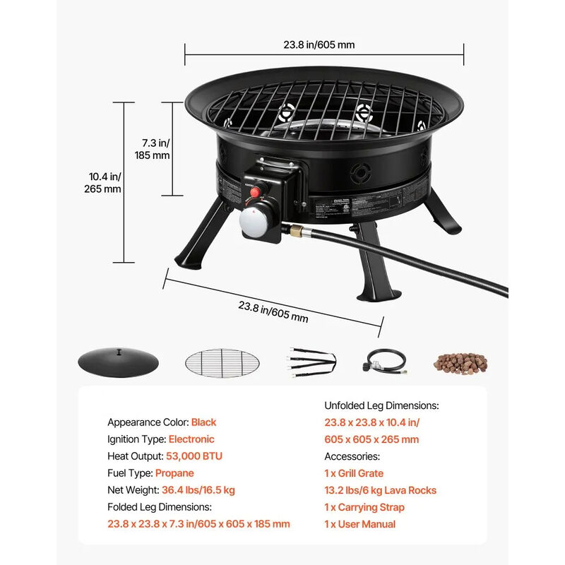 Portable Gas Fire Pit 53000 BTU with Folding Legs Grill Grate for Patio Camping Deck-Black image number 2