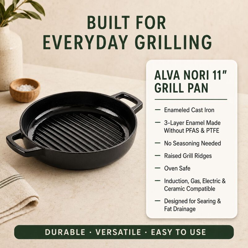 Alva Nori Enameled Cast Iron Grill Pan 11" - Oven Safe and Made without PFAS, PFOA & PTFE - Induction and All Stovetop Compatible with Even Heat Distribution image number 7