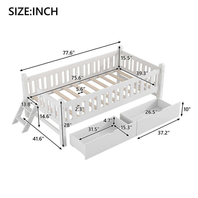 Merax Platform Bed with Guardrail and 2 Drawers