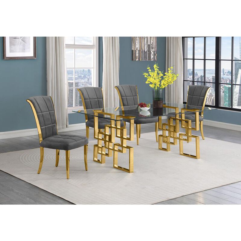 5-piece glam dining set with 4 dark grey chairs and a 79" long glass  table