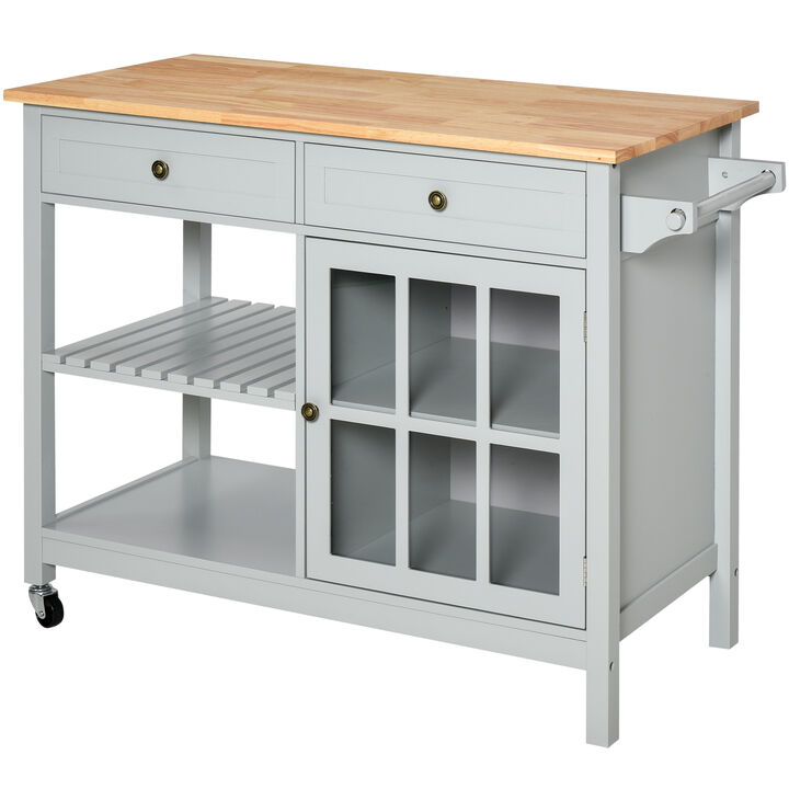 Rolling Kitchen Organizer Storage Serving Trolley with Rubber Wood Top, White