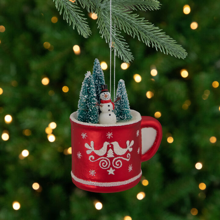 4.25" Christmas Trees and Snowman in a Cup Glass Ornament