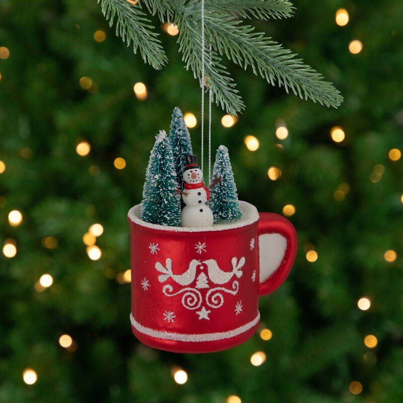 4.25" Christmas Trees and Snowman in a Cup Glass Ornament image number 1